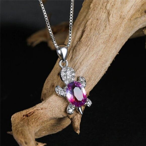 Purple Blue Multicolor Cubic Tourmaline Turtle Necklace & Earrings Set - Picture 3 of 8